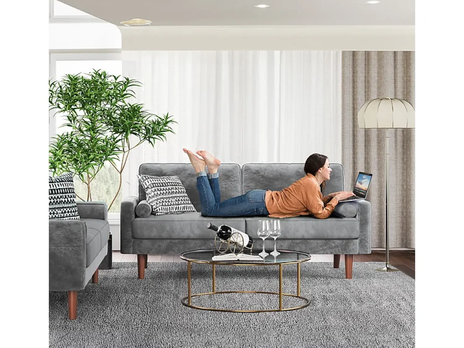 Sofá|DripeX Veludo cinza e sofá de veludo de madeira maciça - 3 lugares - carga máxima 300kg - 176x78x85cm Cinzento