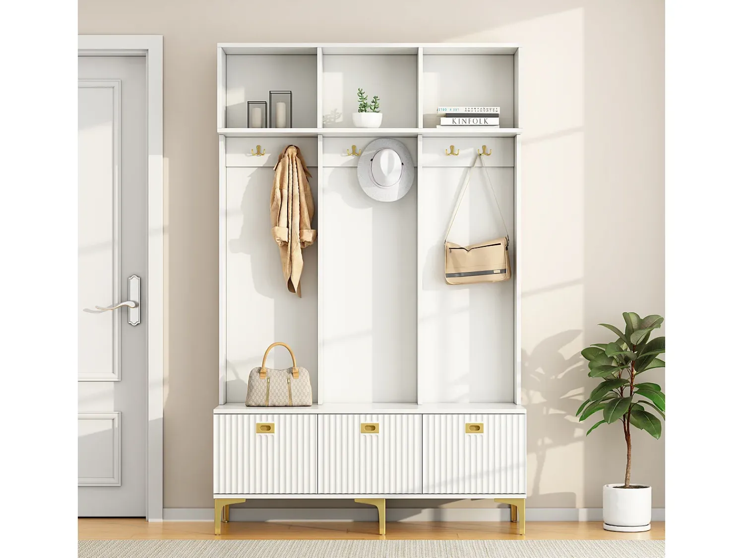 Móvel De Entrada*Merax Vestiário com banco, 3 portas e cabideiro - 120 x 23,5 x 191,5 - Aglomerado - Cor branca Branco