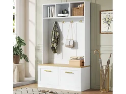 Best ModernLuxe Vestiário de entrada moderno 105x40x180cm - con 2 portas - con móvel para sapatos e ganchos - prateleiras abertas - + Natural Branco