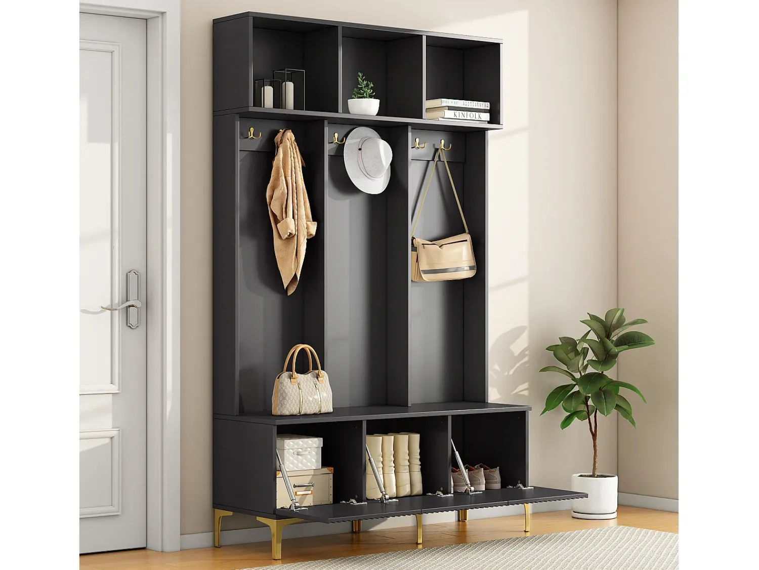 Móvel De Entrada|ModernLuxe Vestiário de entrada moderno - com cabide e guarda-sapatos - Preto