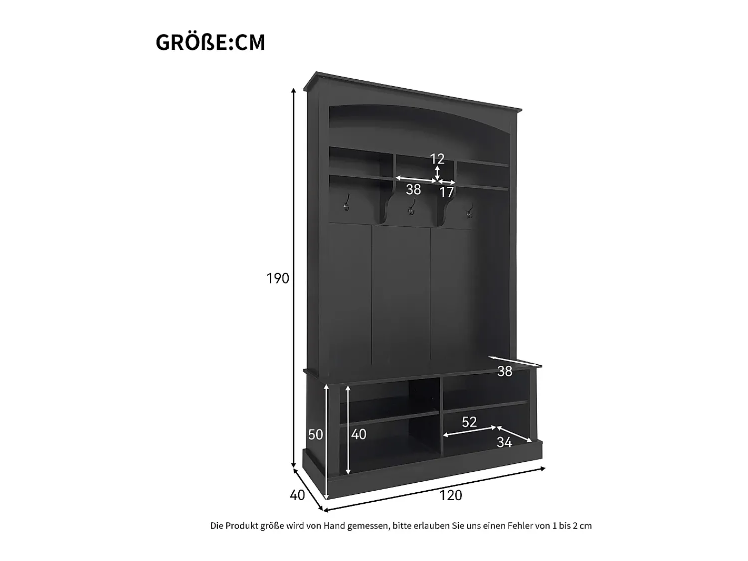 Móvel De Entrada|Hauss Spole Vestiário com banco, sapateira, 3 ganchos e arrumação aberta 120x40x190 cm Preto