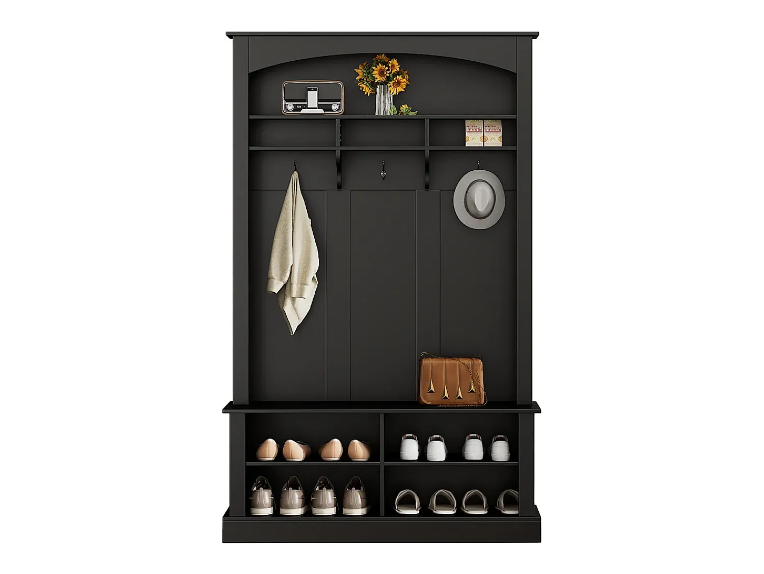 Móvel De Entrada|Hauss Spole Vestiário com banco, sapateira, 3 ganchos e arrumação aberta 120x40x190 cm Preto