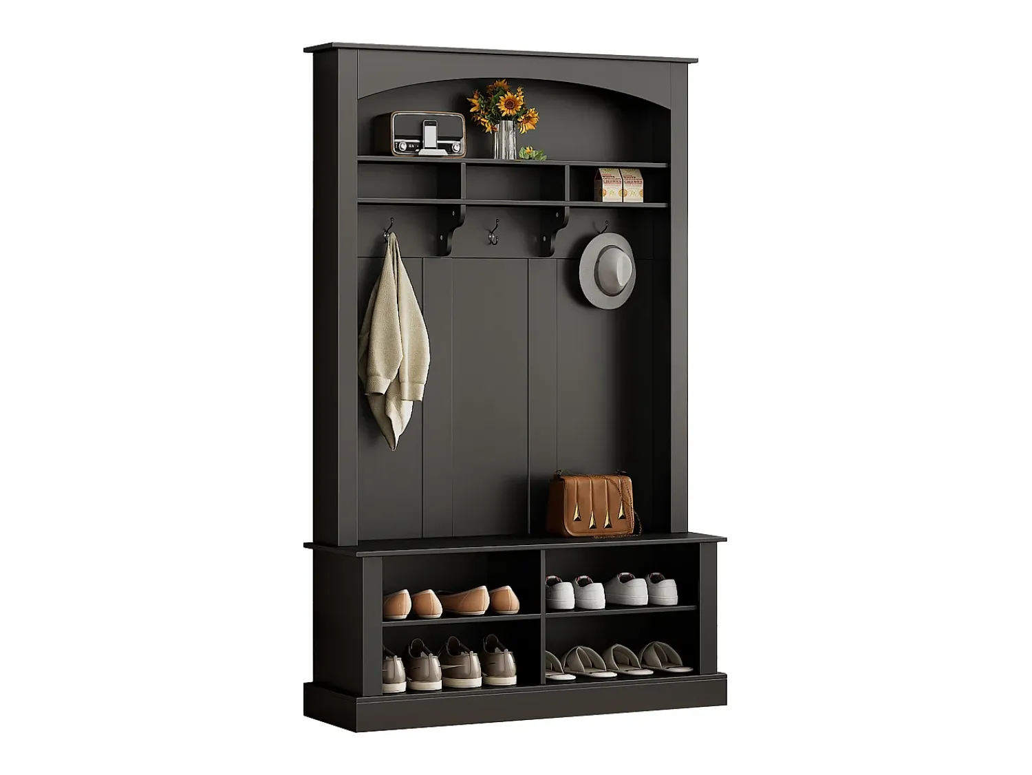 Móvel De Entrada|Hauss Spole Vestiário com banco, sapateira, 3 ganchos e arrumação aberta 120x40x190 cm Preto