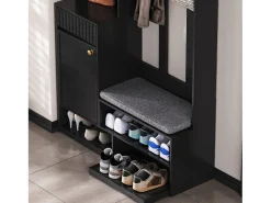 ModernLuxe Vestuário de entrada moderno - com 4 ganchos, 2 portas e 1 gaveta - com banco e prateleiras abertas -^ Móvel De Entrada