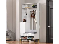 ModernLuxe Vestuário de entrada moderno - com 4 ganchos, 1 porta e 2 gavetas - com banco e prateleiras abertas -^ Móvel De Entrada
