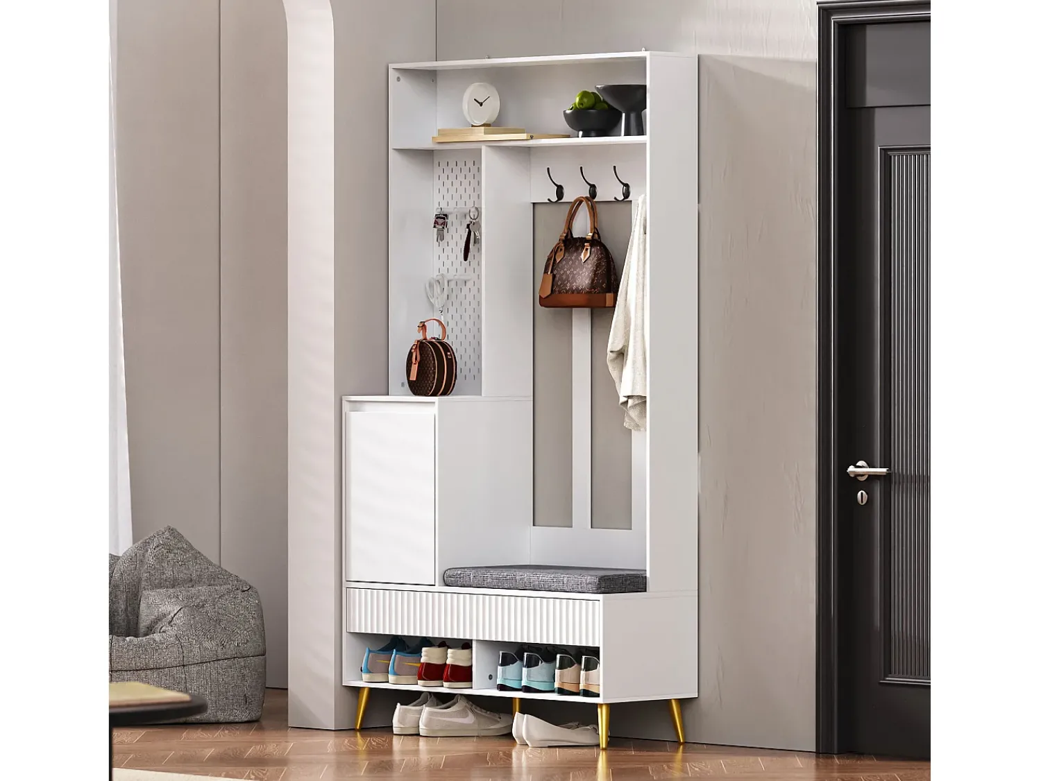 ModernLuxe Vestuário de entrada moderno - com 4 ganchos, 1 porta e 2 gavetas - com banco e prateleiras abertas -^ Móvel De Entrada