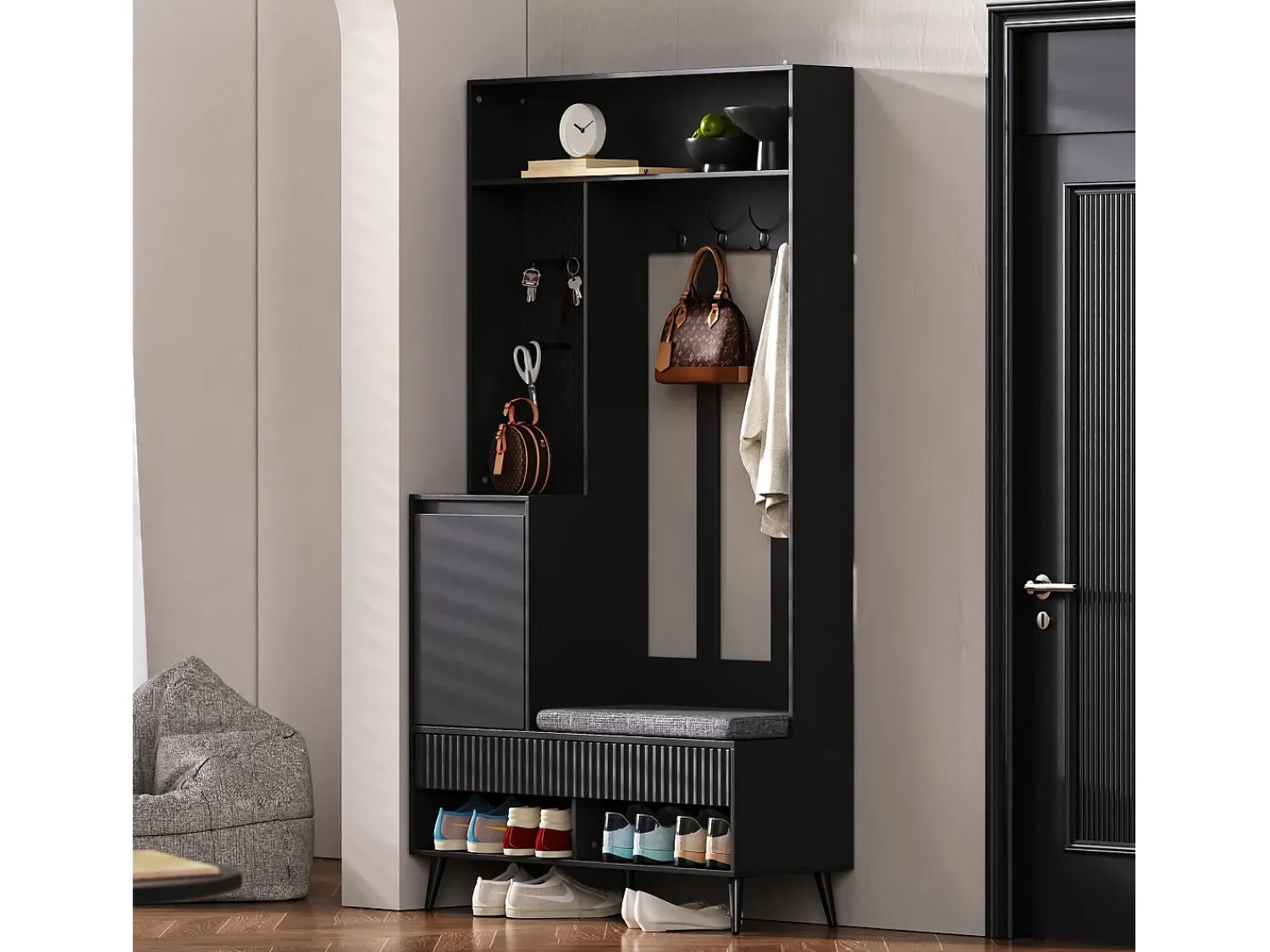 Móvel De Entrada|ModernLuxe Vestuário de entrada moderno - com 4 ganchos, 1 porta e 2 gavetas - com banco e prateleiras abertas - Preto