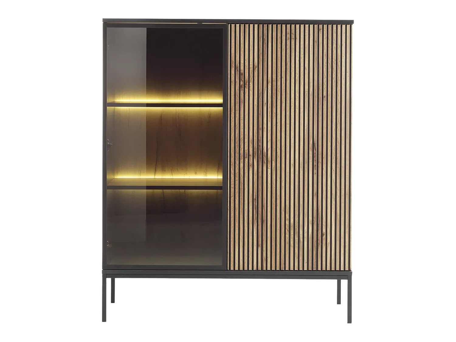 Vente-unique Vitrina 2 portas com LEDs MDF e vidro fumado natural e preto OVILA Preto / Natural claro