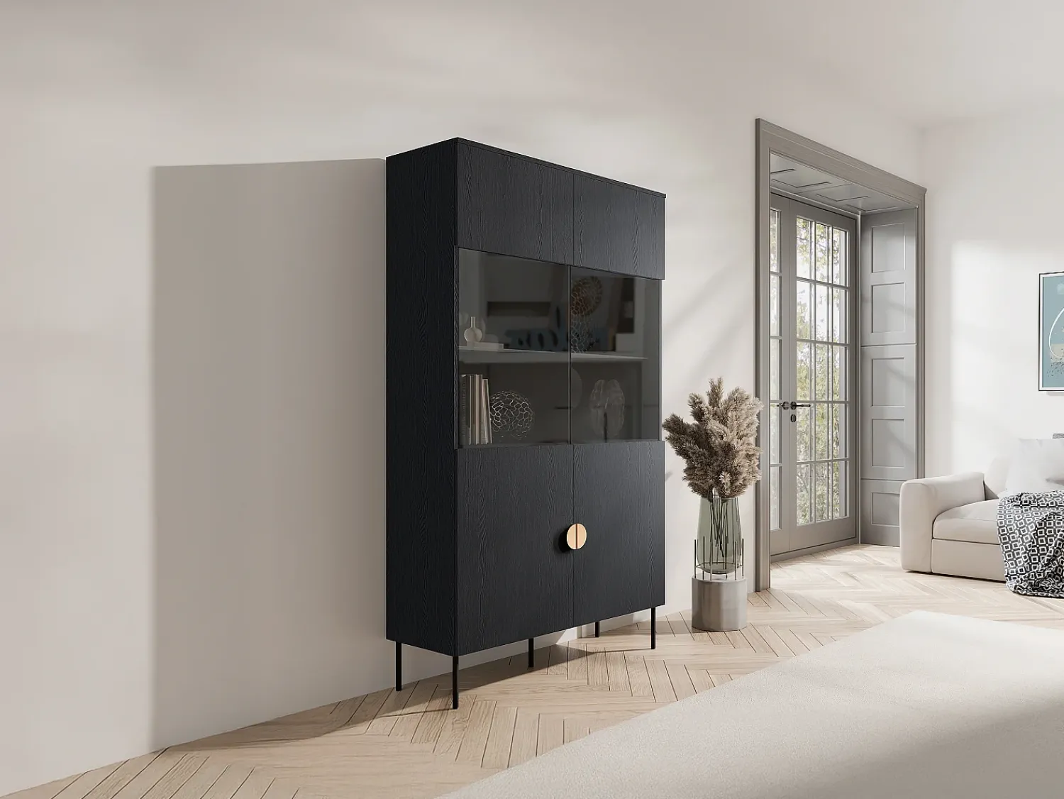 Vitrina*Vente-unique Vitrina 2 portas e 4 nichos com LEDs e dourado - NATANIEL Preto