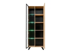 Meublorama Vitrina alta de design com 2 portas e iluminação LED integrada, coleção NIELSEN. Cores em carvalho claro e preto.^ Vitrina