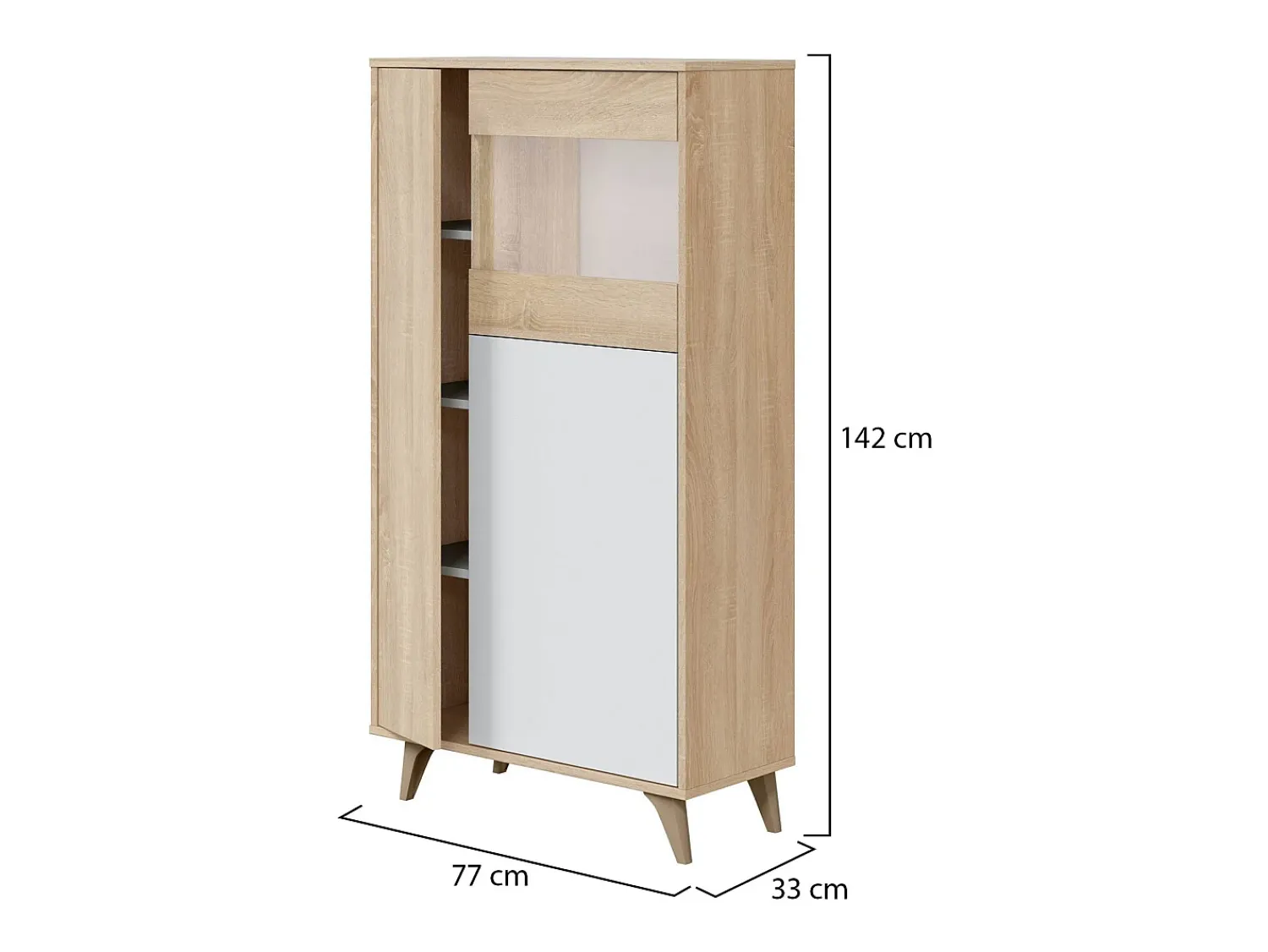 Vitrina|Dmora Vitrina Atlanta, Vitrina moderna com 3 portas, Aparador para sala ou lounge, Aparador alto com prateleiras, 77x33h142 cm, Carvalho e Branco Natural claro