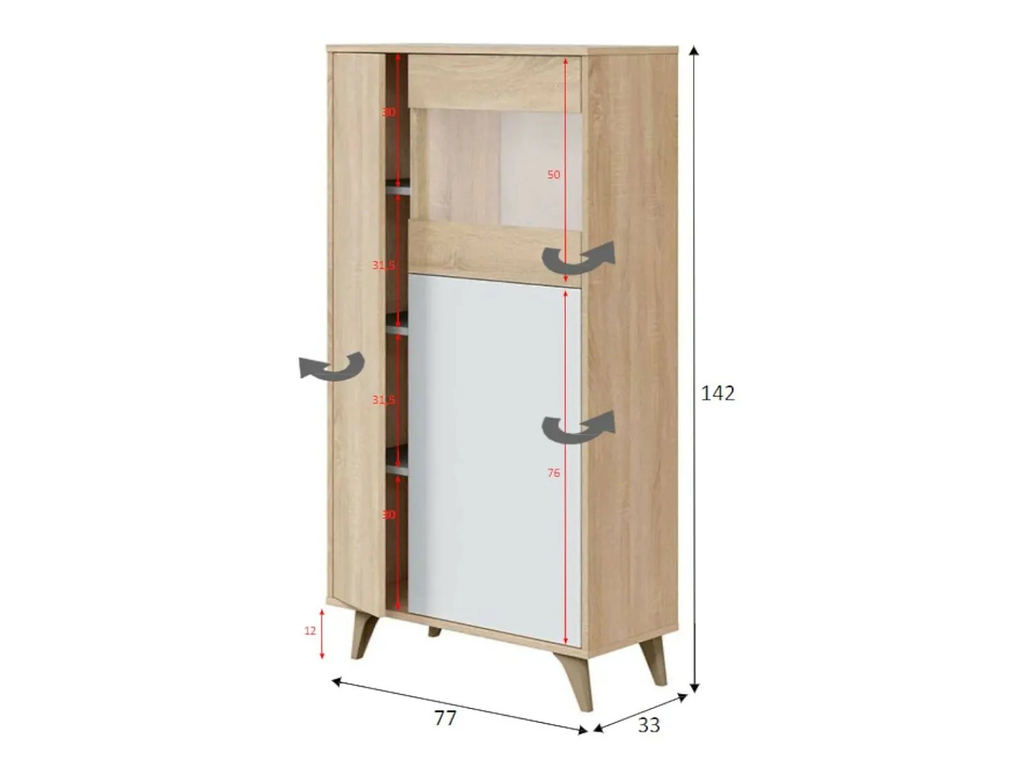 Vitrina|Dmora Vitrina Atlanta, Vitrina moderna com 3 portas, Aparador para sala ou lounge, Aparador alto com prateleiras, 77x33h142 cm, Carvalho e Branco Natural claro
