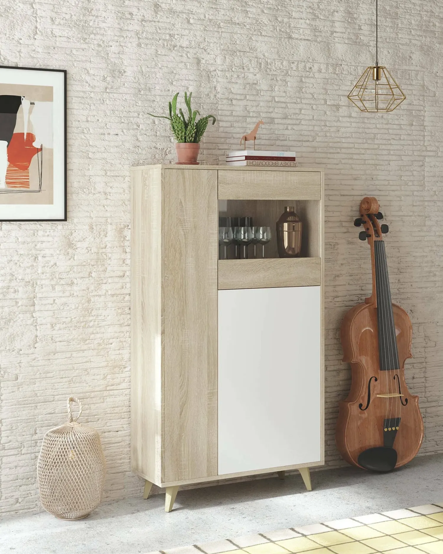 Vitrina|Dmora Vitrina Atlanta, Vitrina moderna com 3 portas, Aparador para sala ou lounge, Aparador alto com prateleiras, 77x33h142 cm, Carvalho e Branco Natural claro