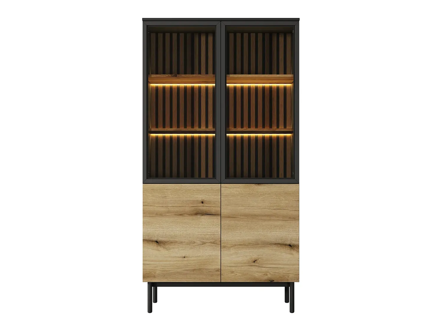 Online Vente-unique Vitrina com 4 portas e com LEDs cor natural e preto - LABENIA Preto / Natural claro
