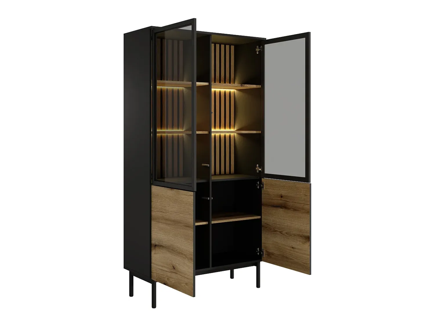 Online Vente-unique Vitrina com 4 portas e com LEDs cor natural e preto - LABENIA Preto / Natural claro