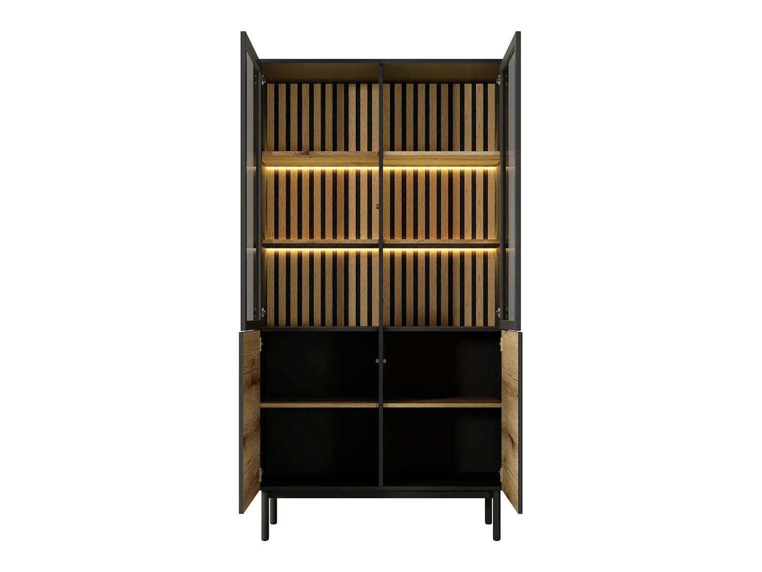 Online Vente-unique Vitrina com 4 portas e com LEDs cor natural e preto - LABENIA Preto / Natural claro