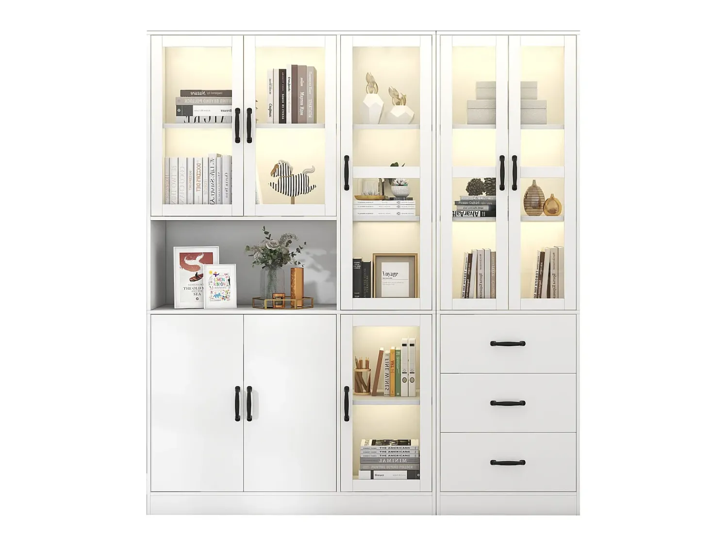 Vitrina*Merax Vitrina combinada moderna com 8 portas e 3 gavetas - LEDs - Madeira MDF - lacado - 180 x 40 x 200 cm Branco