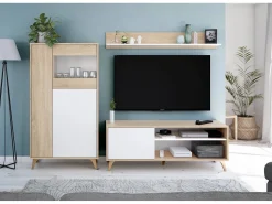 Dmora Vitrina Daceved, Vitrina moderna com 3 portas, Aparador para sala ou lounge, Aparador alto com prateleiras, 77x33h142 cm, Carvalho e Branco^ Vitrina