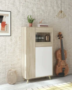 Dmora Vitrina Daceved, Vitrina moderna com 3 portas, Aparador para sala ou lounge, Aparador alto com prateleiras, 77x33h142 cm, Carvalho e Branco^ Vitrina