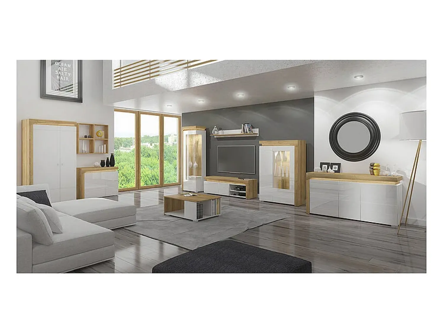 Vitrina|Petits-Meubles Vitrina de 1 porta com abertura à esquerda, incluindo LED Teo White e Wood Natural claro
