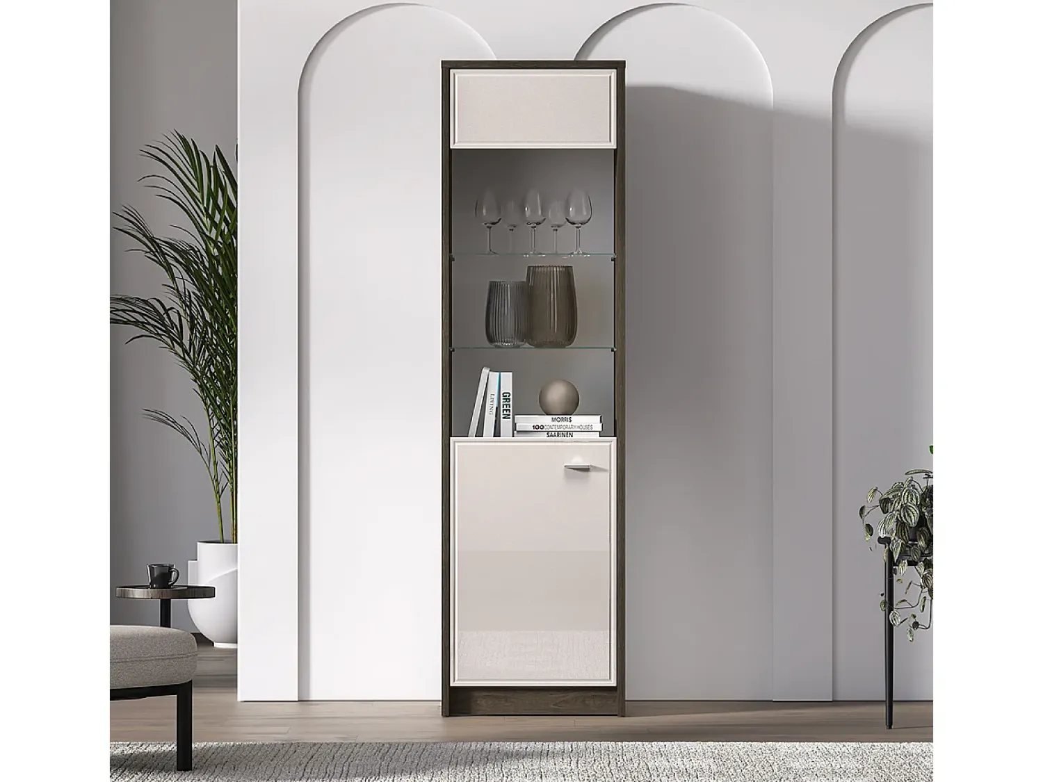 Petits-Meubles Vitrina de 1 porta Kaius em caxemira e madeira escura^ Vitrina