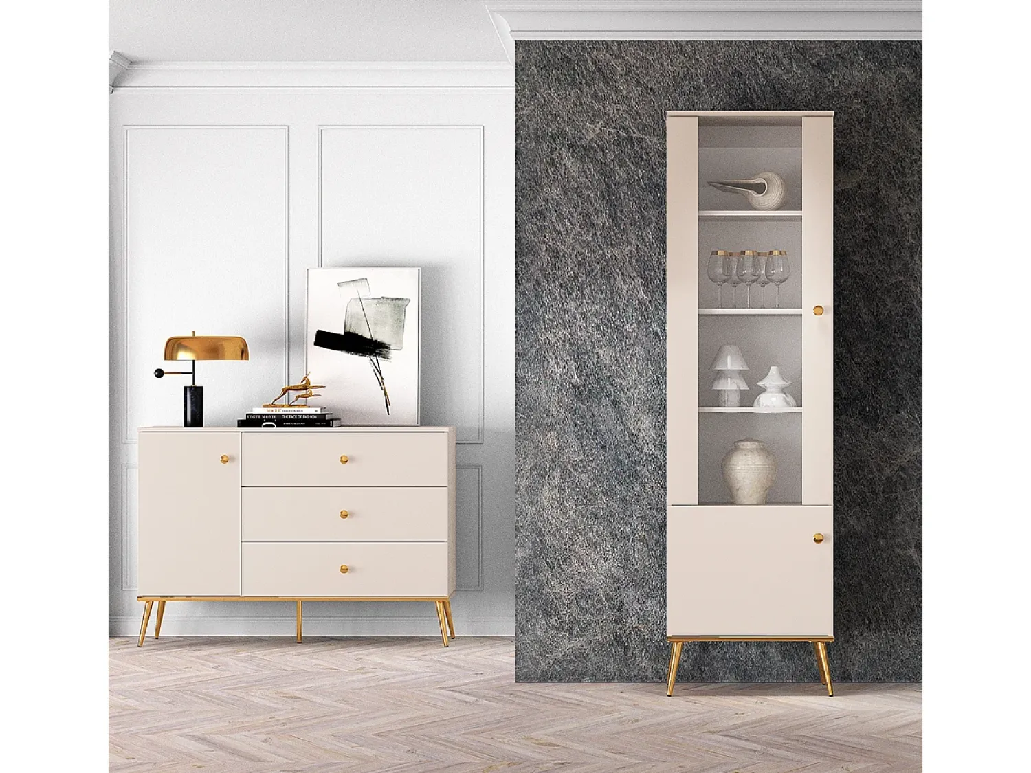 Petits-Meubles Vitrina de 2 portas Olivia Cashmere e Gold^ Vitrina