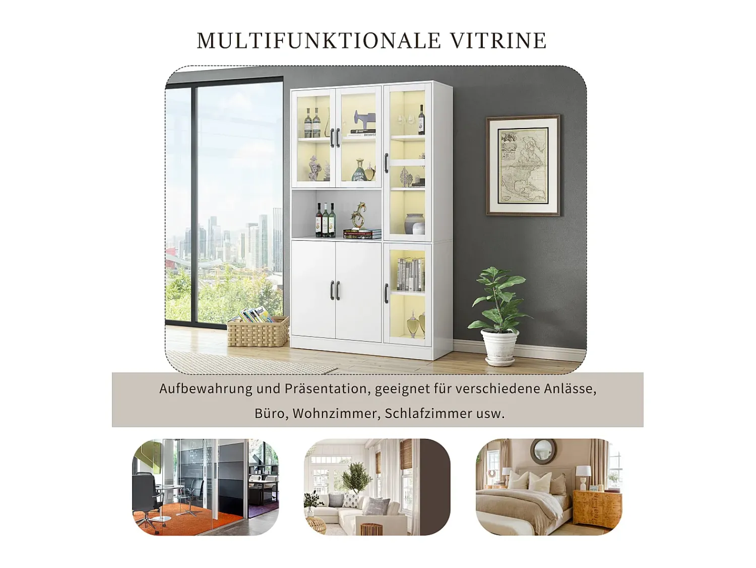 Vitrina*Merax Vitrina de aparador alto 6 portas e 1 compartimento - LEDs - Madeira MDF - - 120 x 40 x 200 cm Branco