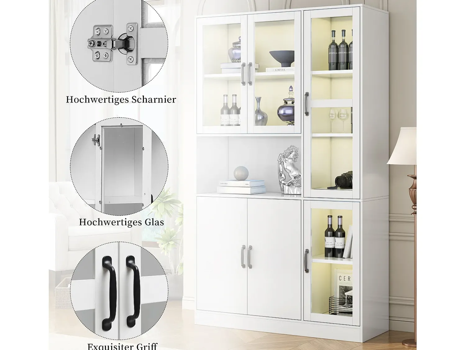 Vitrina*Merax Vitrina de aparador alto 6 portas e 1 compartimento - LEDs - Madeira MDF - - 120 x 40 x 200 cm Branco