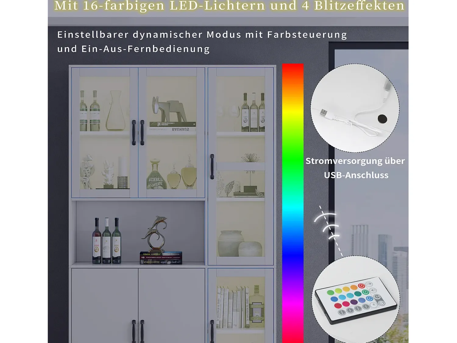 Vitrina*Merax Vitrina de aparador alto 6 portas e 1 compartimento - LEDs - Madeira MDF - - 120 x 40 x 200 cm Branco