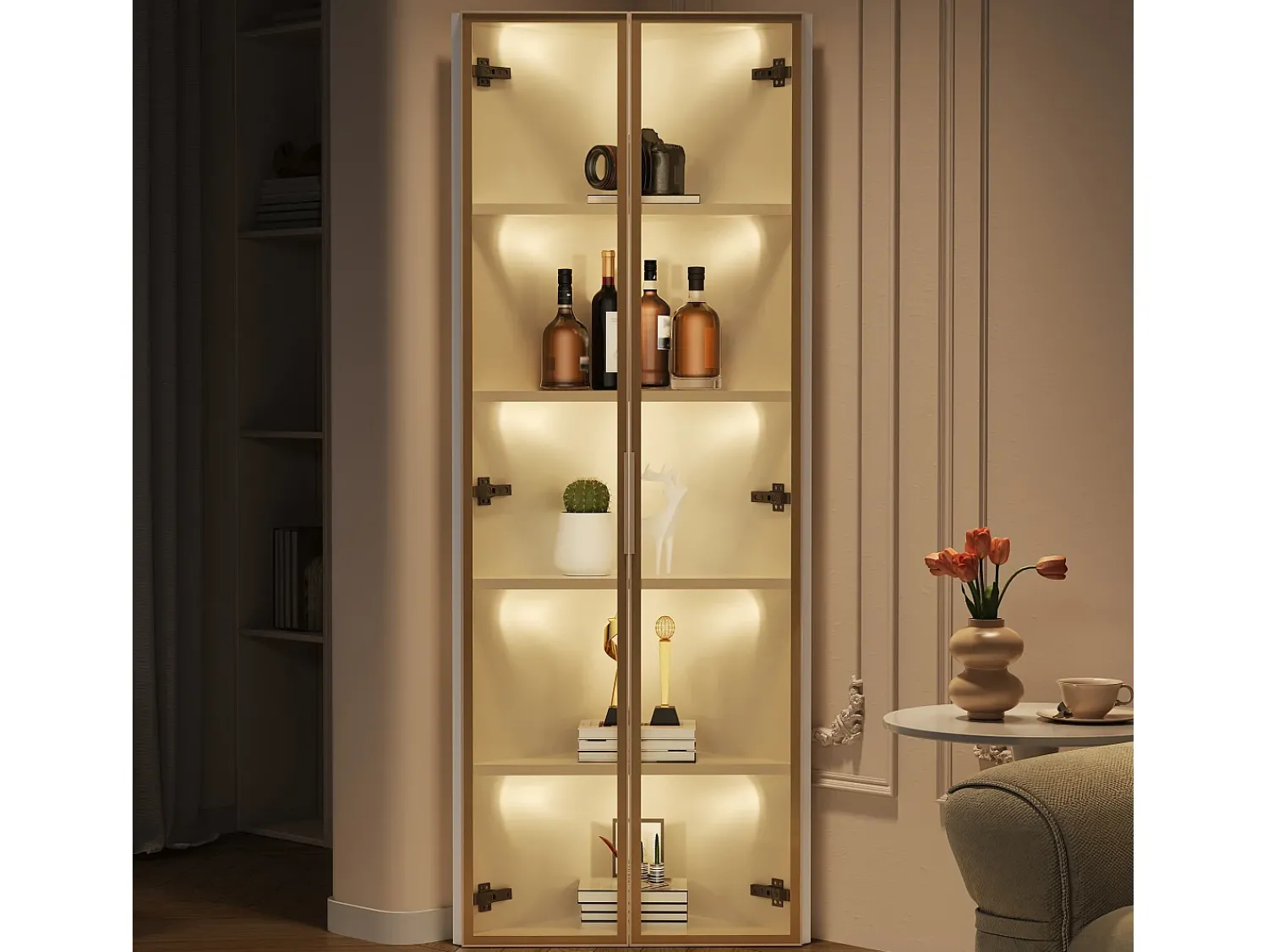 Vitrina|ModernLuxe Vitrina de canto 62x35x160 cm - con iluminação LED - 2 portas de vidro temperado - Design de canto - MDF + vidro - Branco