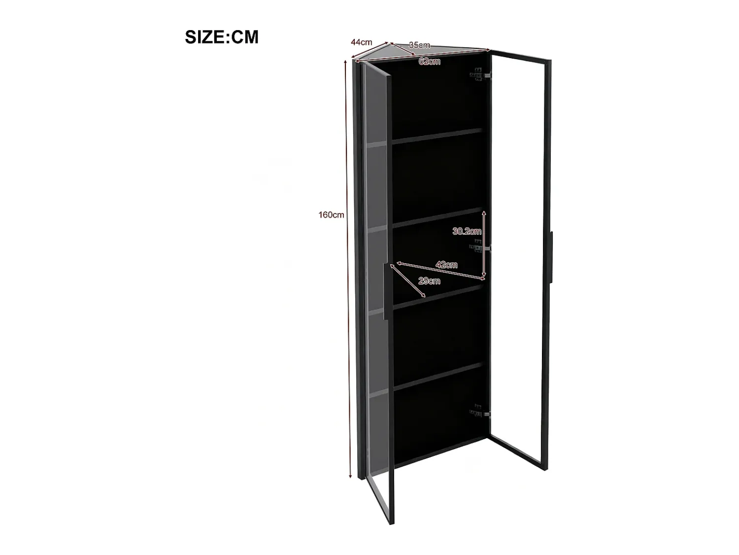 Vitrina*ModernLuxe Vitrina de canto 62x35x160cm - con iluminação LED - 2 portas de vidro - Preto