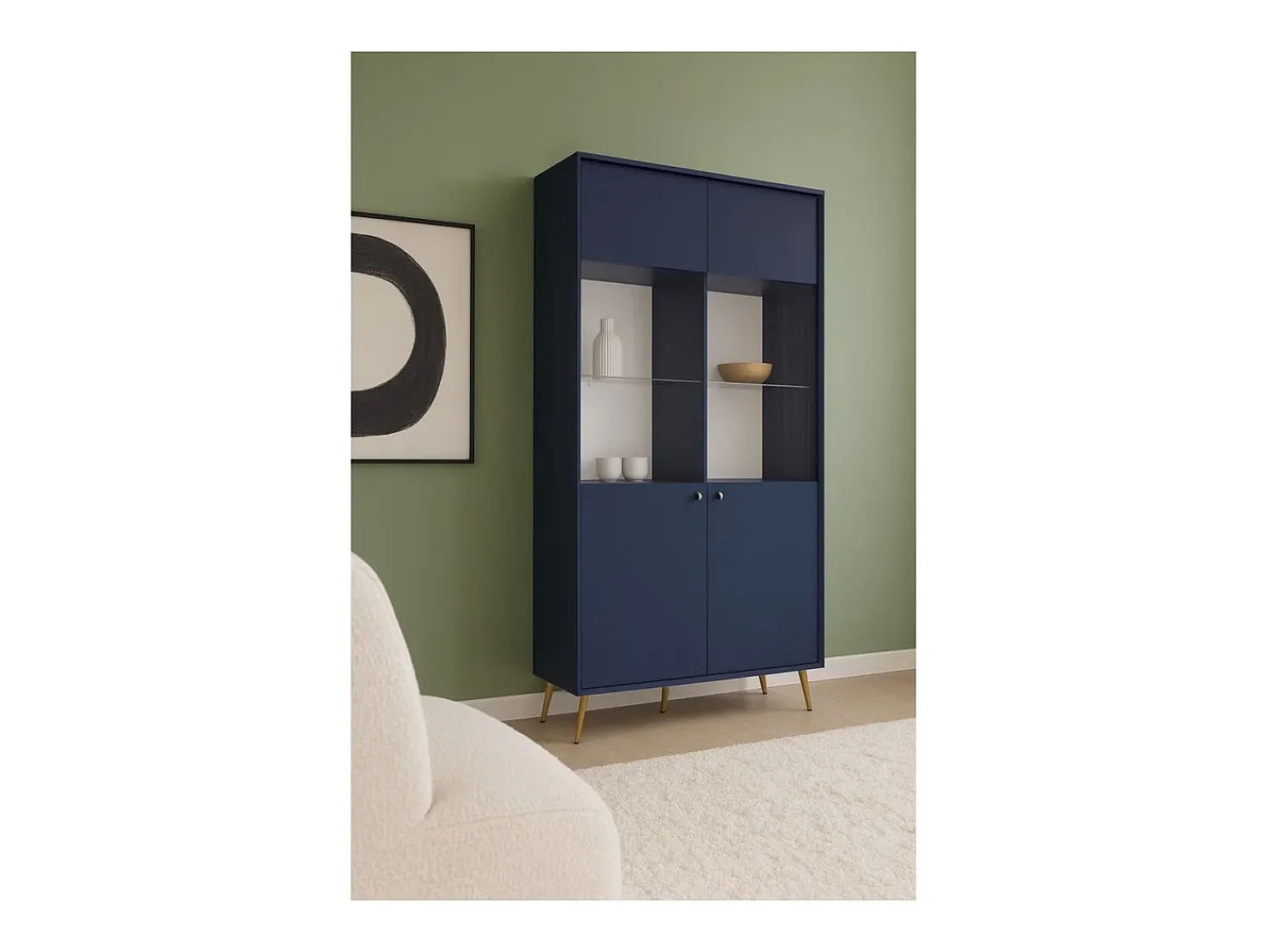 Vitrina|Meublorama Vitrina design AZURÉA – 2 portas com vidro LED – profundo – 106x191x41 cm Azul