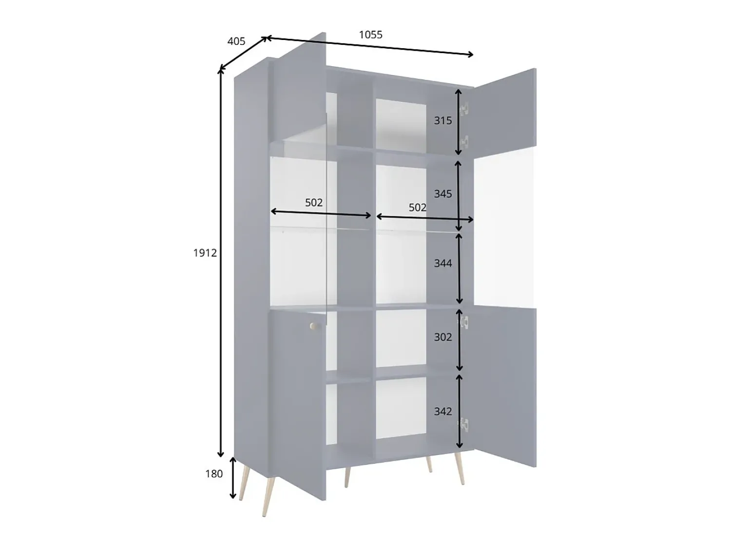 Vitrina|Meublorama Vitrina design AZURÉA – 2 portas com vidro LED – profundo – 106x191x41 cm Azul
