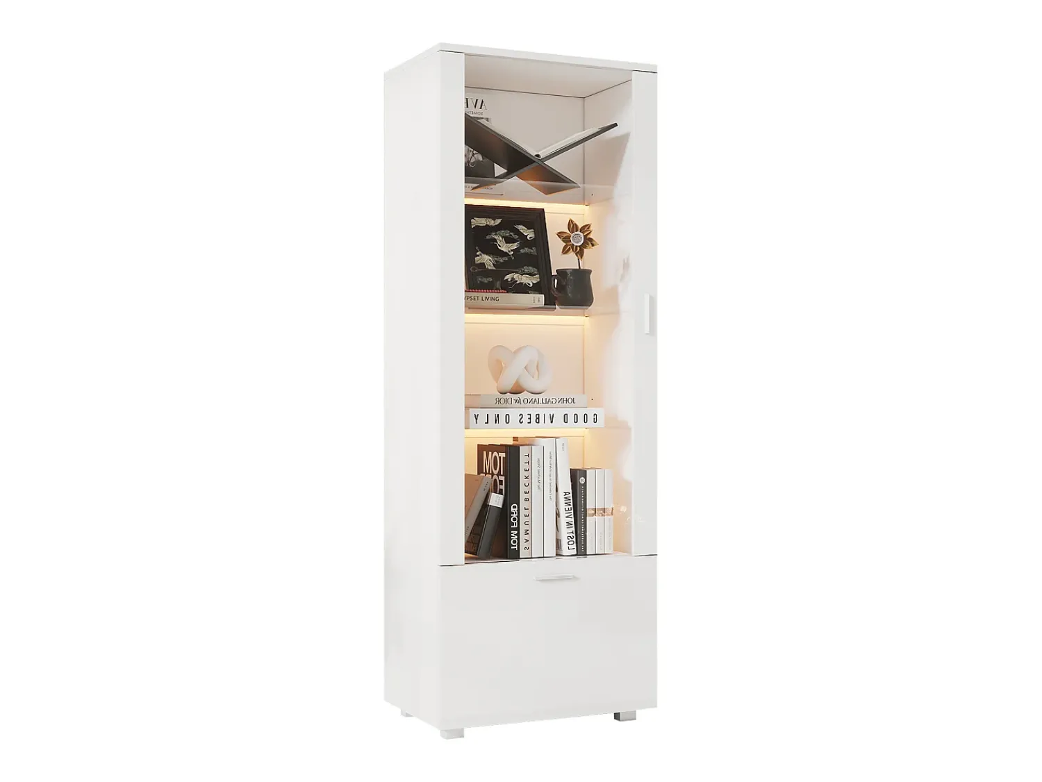 New ModernLuxe Vitrina envernizada brilhante 50x40x160 cm - con iluminação LED - Porta de acrílico+1 gaveta - Prateleiras de vidro - Painéis de partículas - Branco