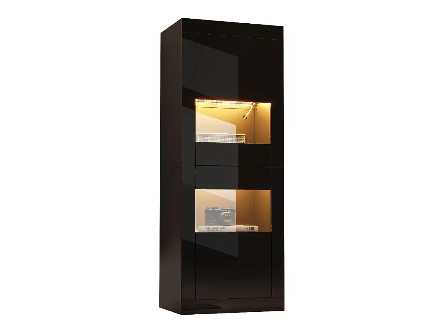 Best ModernLuxe Vitrina envernizada brilhante 61x42x162 cm - con iluminação LED - 2 portas - Prateleiras de vidro ajustáveis - Preto
