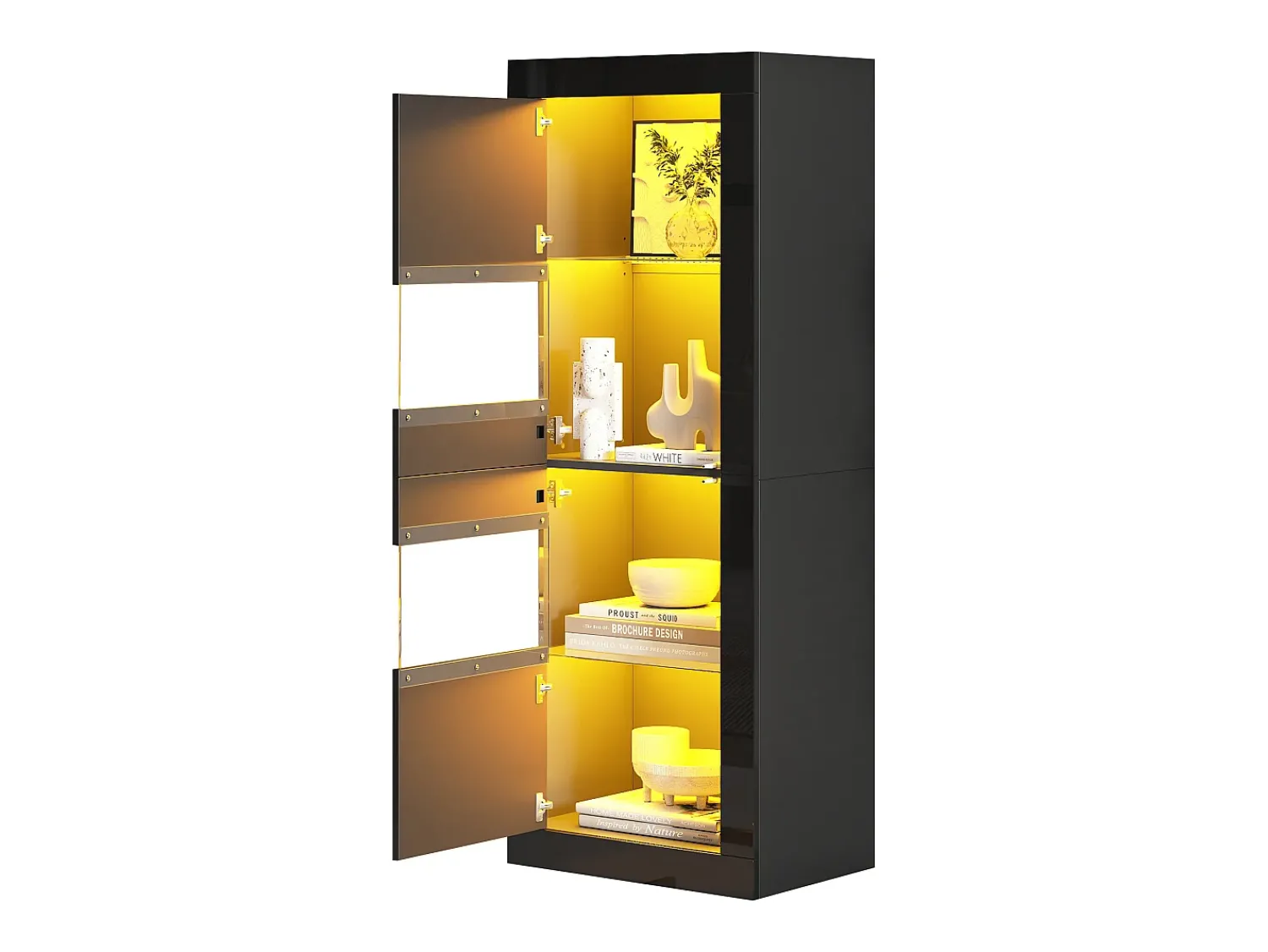 Best ModernLuxe Vitrina envernizada brilhante 61x42x162 cm - con iluminação LED - 2 portas - Prateleiras de vidro ajustáveis - Preto