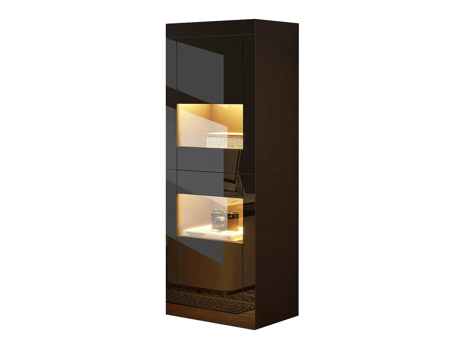 Best ModernLuxe Vitrina envernizada brilhante 61x42x162 cm - con iluminação LED - 2 portas - Prateleiras de vidro ajustáveis - Preto