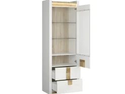 Online Petits-Meubles Vitrina Helios LED de 1 porta e 2 gavetas em branco lacado e madeira Natural claro