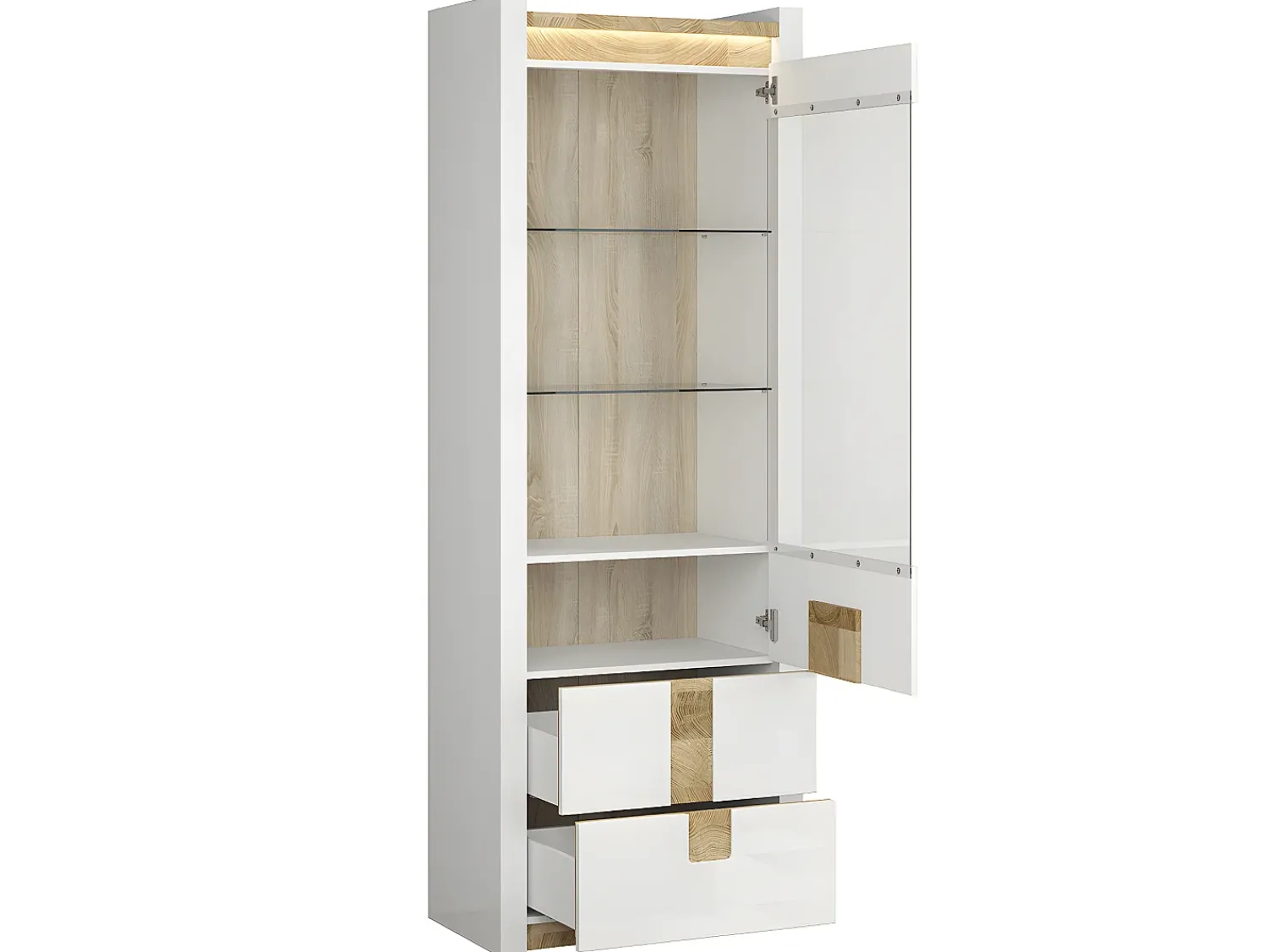 Online Petits-Meubles Vitrina Helios LED de 1 porta e 2 gavetas em branco lacado e madeira Natural claro