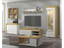 Petits-Meubles Vitrina LED de 1 porta e abertura à direita, incluindo Teo White e Wood Natural claro
