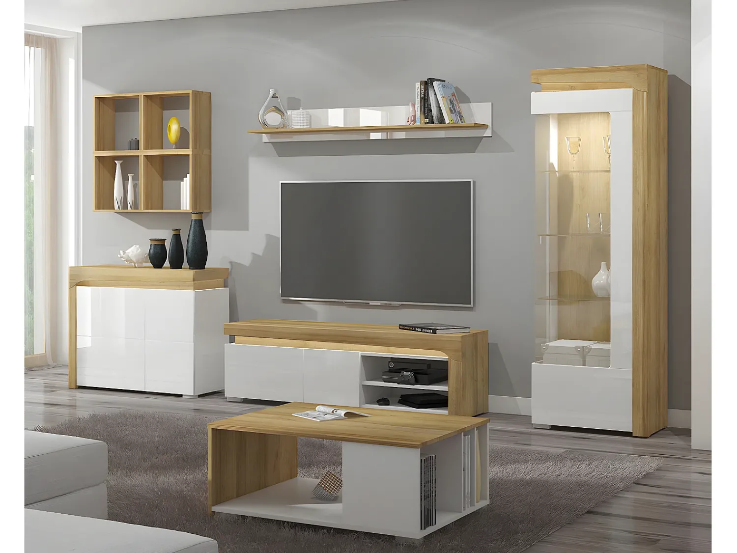 Petits-Meubles Vitrina LED de 1 porta e abertura à direita, incluindo Teo White e Wood Natural claro