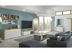 Petits-Meubles Vitrina LED de 1 porta e abertura à direita, incluindo Teo White e Wood Natural claro