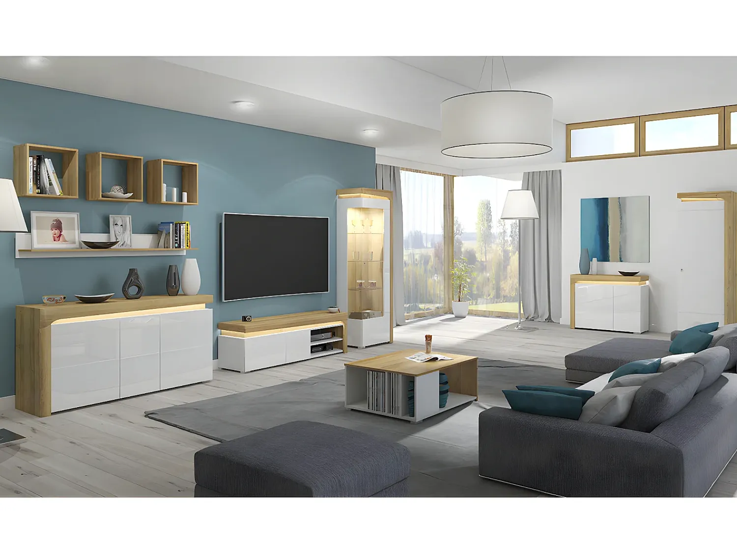 Petits-Meubles Vitrina LED de 1 porta e abertura à direita, incluindo Teo White e Wood Natural claro