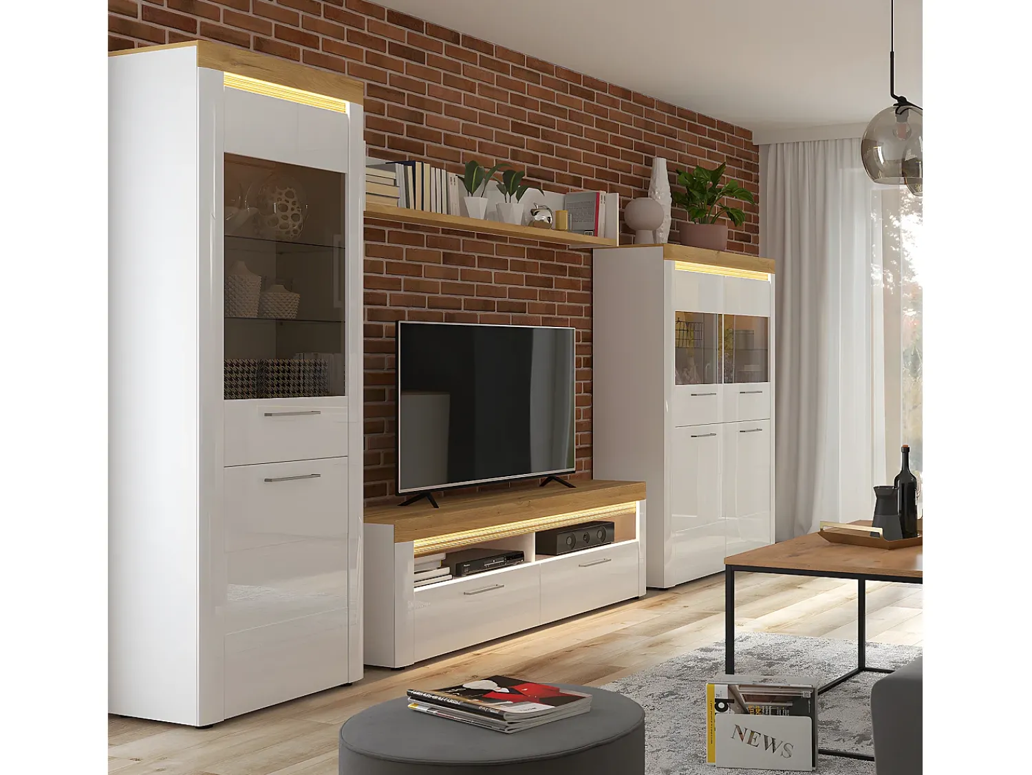 Vitrina|Petits-Meubles Vitrina LED de 2 portas Nara Branco e Madeira Natural claro