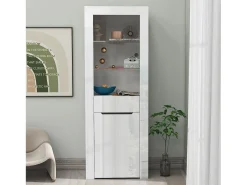 Vitrina*Merax Vitrina moderna com 1 porta e 1 gaveta - LEDs - 3 prateleiras - altura 165 cm - brilhante - Branco