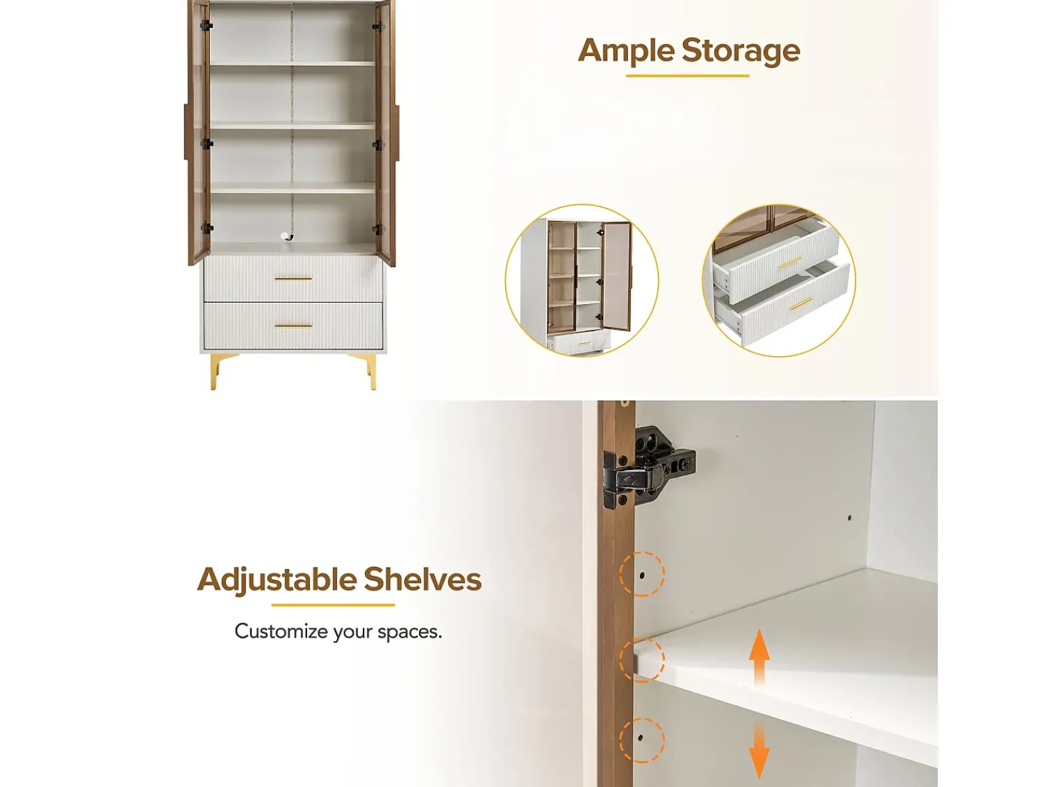 ModernLuxe Vitrina moderna com luzes LED e prateleiras removíveis - H 150 cm - 2 portas de vidro e 2 gavetas -^ Vitrina