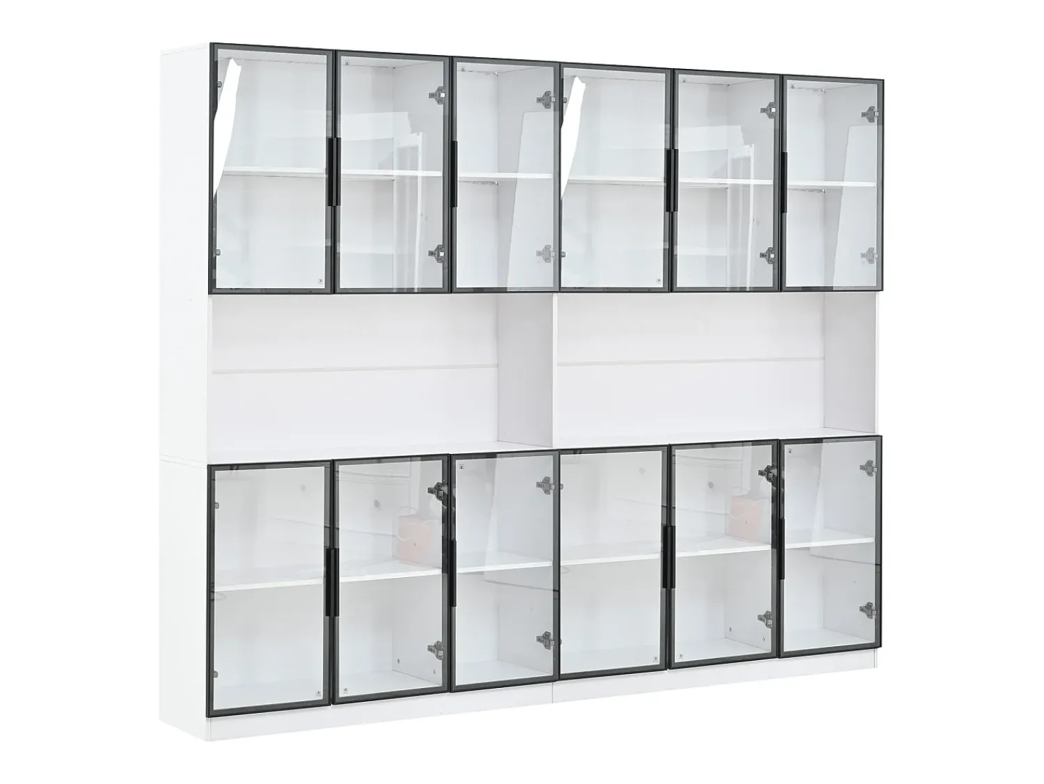 ModernLuxe Vitrina moderna 240x34x200 cm - Iluminação LED - 12 portas de vidro - Espaço de armazenamento aberto - MDF -^ Vitrina