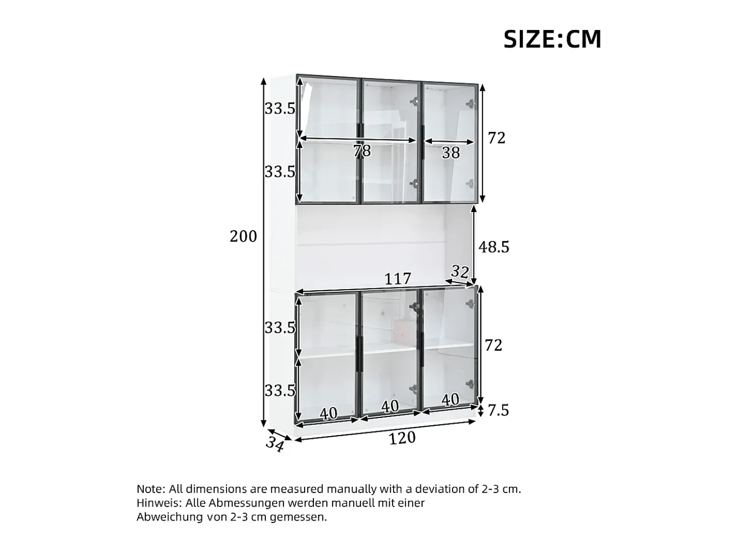 ModernLuxe Vitrina moderna 120x34x200 cm - Iluminação LED - 6 portas de vidro - Espaço de armazenamento aberto - MDF -^ Vitrina