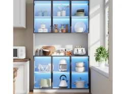 ModernLuxe Vitrina moderna 120x34x200 cm - Iluminação LED - 6 portas de vidro - Espaço de armazenamento aberto - MDF -^ Vitrina