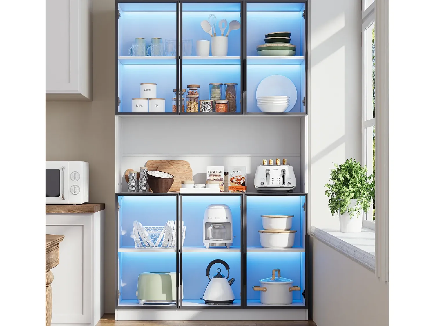 ModernLuxe Vitrina moderna 120x34x200 cm - Iluminação LED - 6 portas de vidro - Espaço de armazenamento aberto - MDF -^ Vitrina